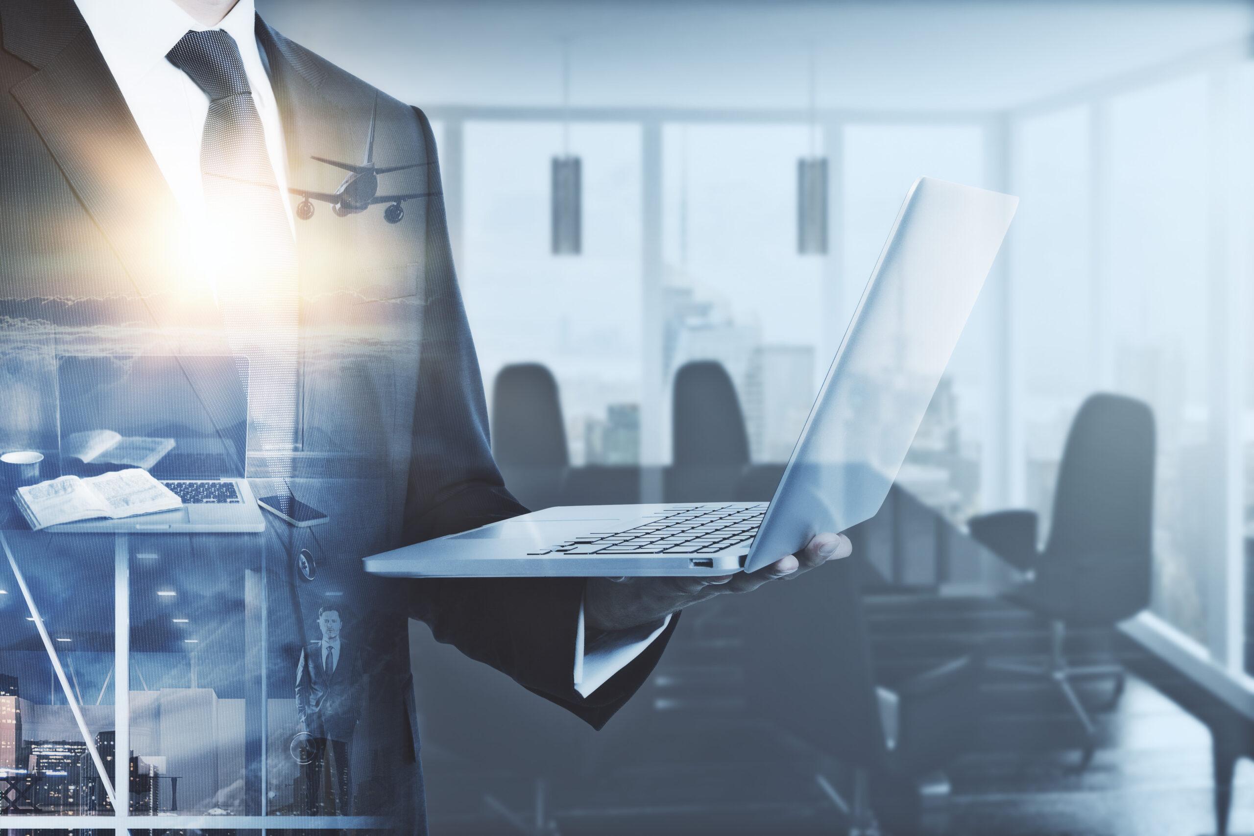 Businessman Using Notebook Abstract Office Workplace Flying Airplane Background Toned Image Double Exposure Scaled